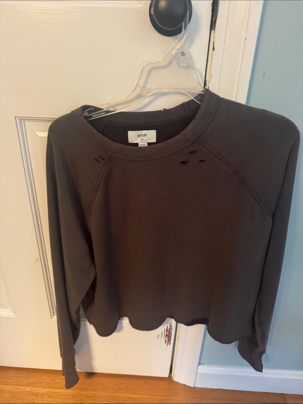 aerie Charcoal Cropped Distressed Crew Sweatshirt